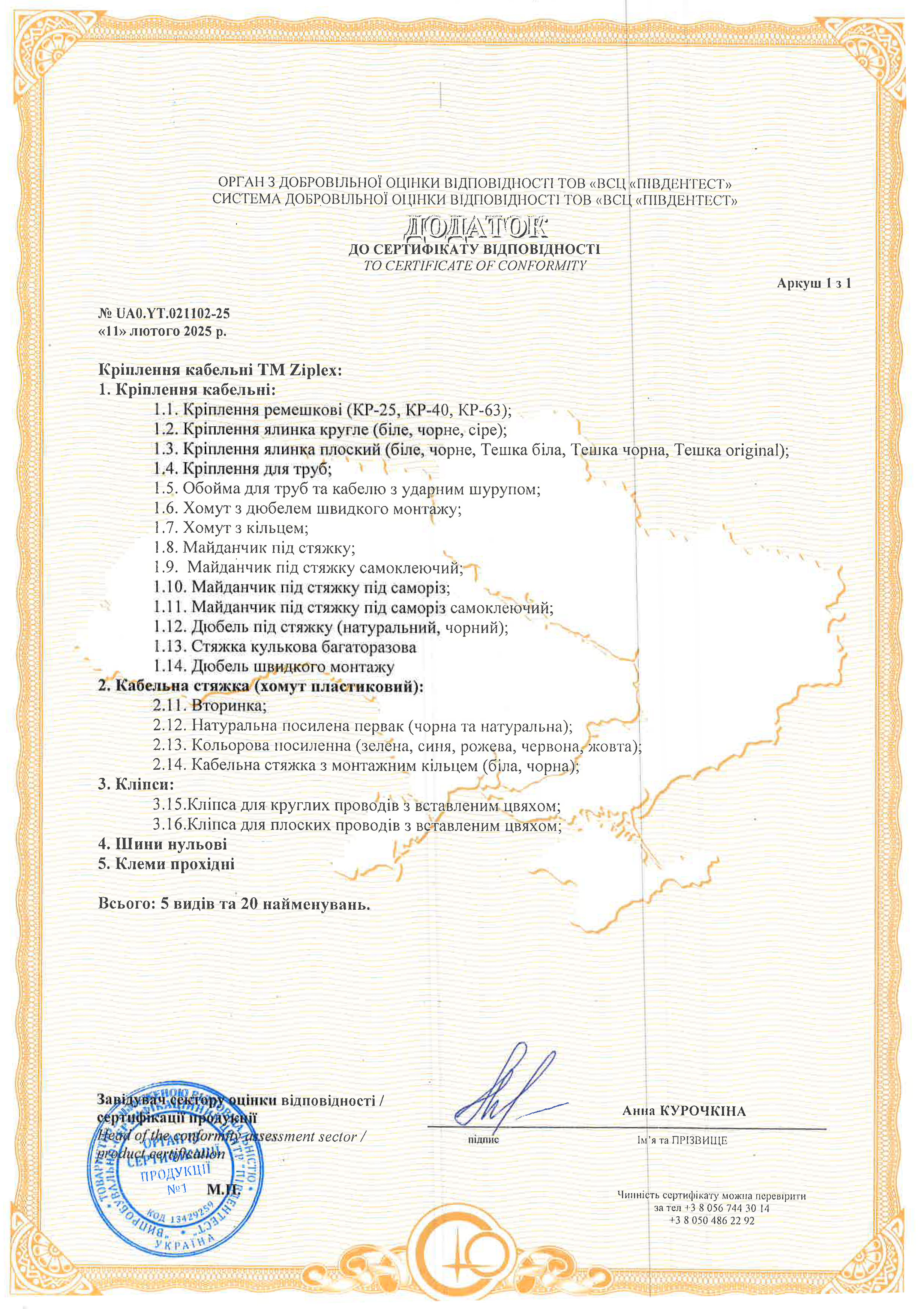 Сертифікат відповідності для кабельних кріпленнь